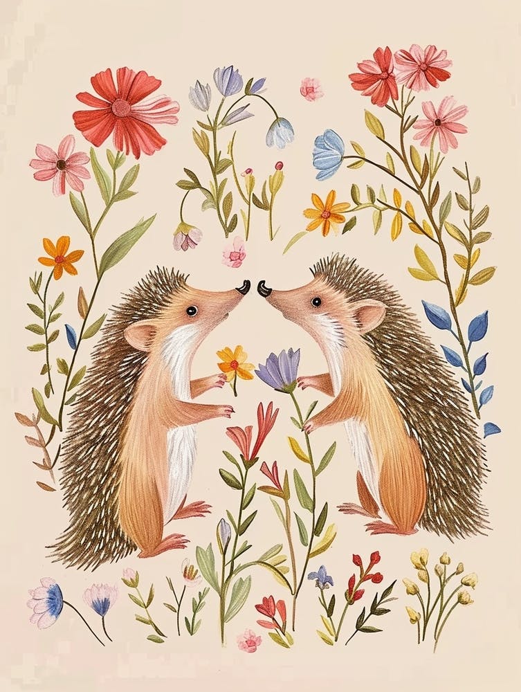 Folksy Floral Animal Drawing Hedgehog 3