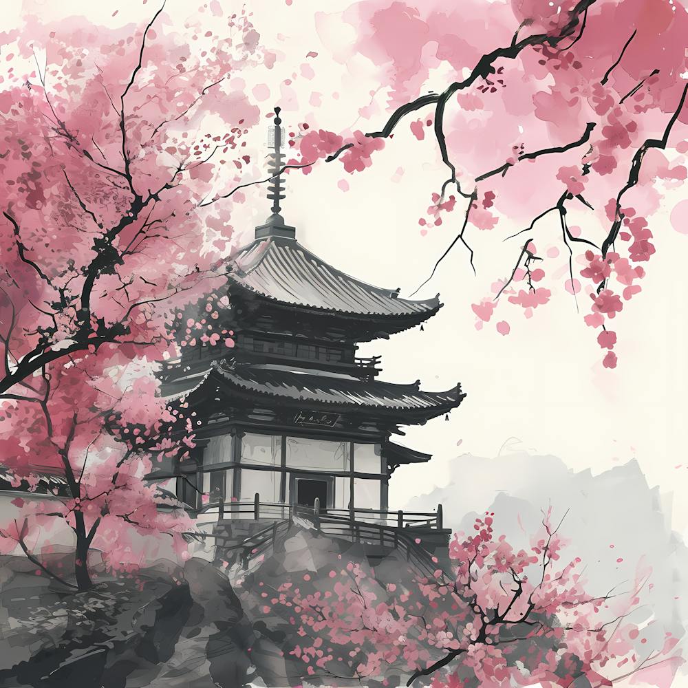 Japanese Temple Under Sakura