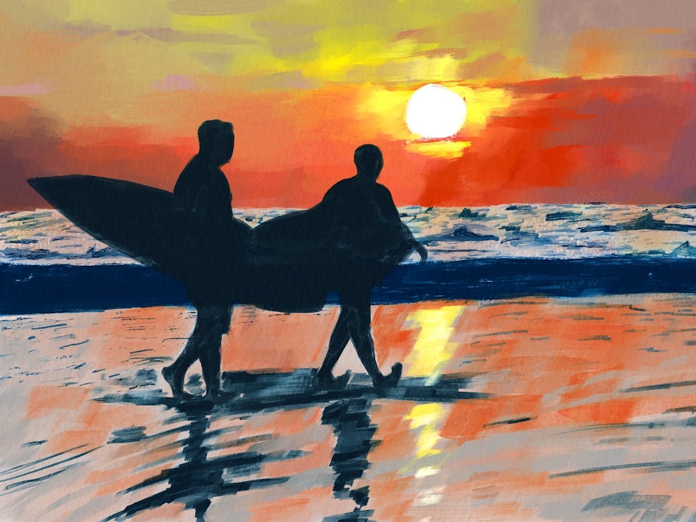 Surfing on the beach in the beautiful evening oil painting
