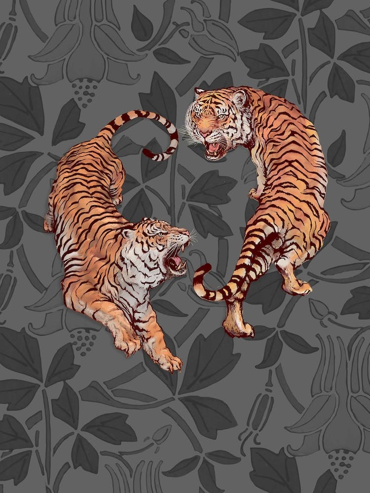 Tigers Floral Vintage Twist Illustration Grey