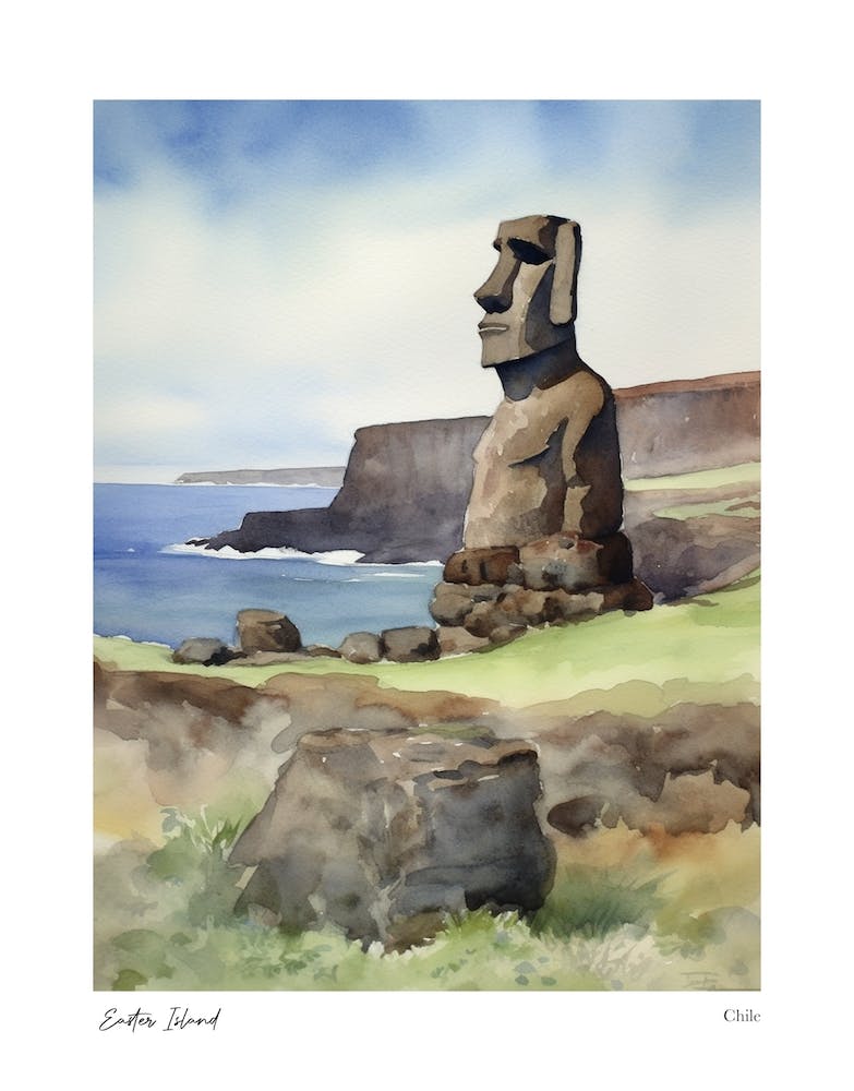 Île de Pâques Chili 3 - Affiche de Voyage à l'Aquarelle