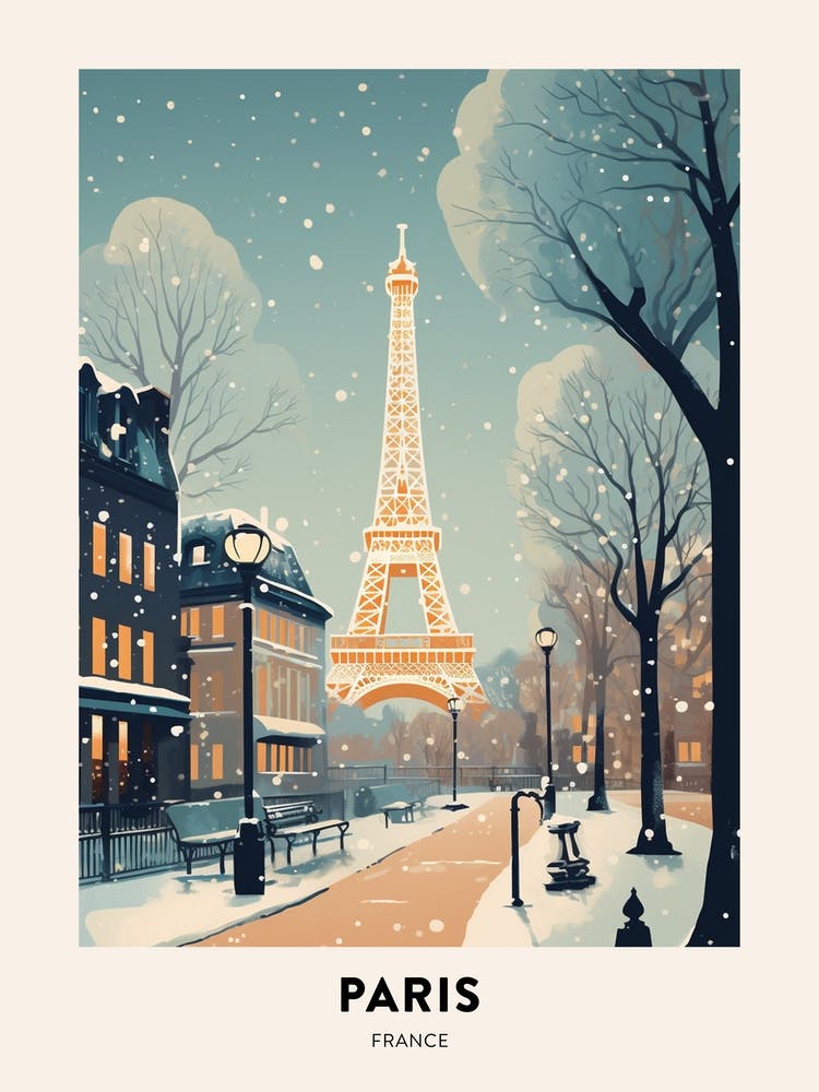 Winter Night  Travel Poster Paris France 4