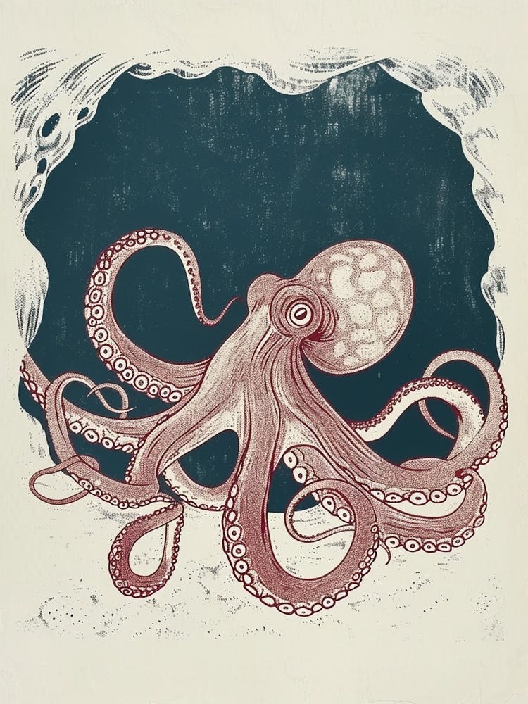 Linocut Inspired Octopus Hiding Away In A Cave 1