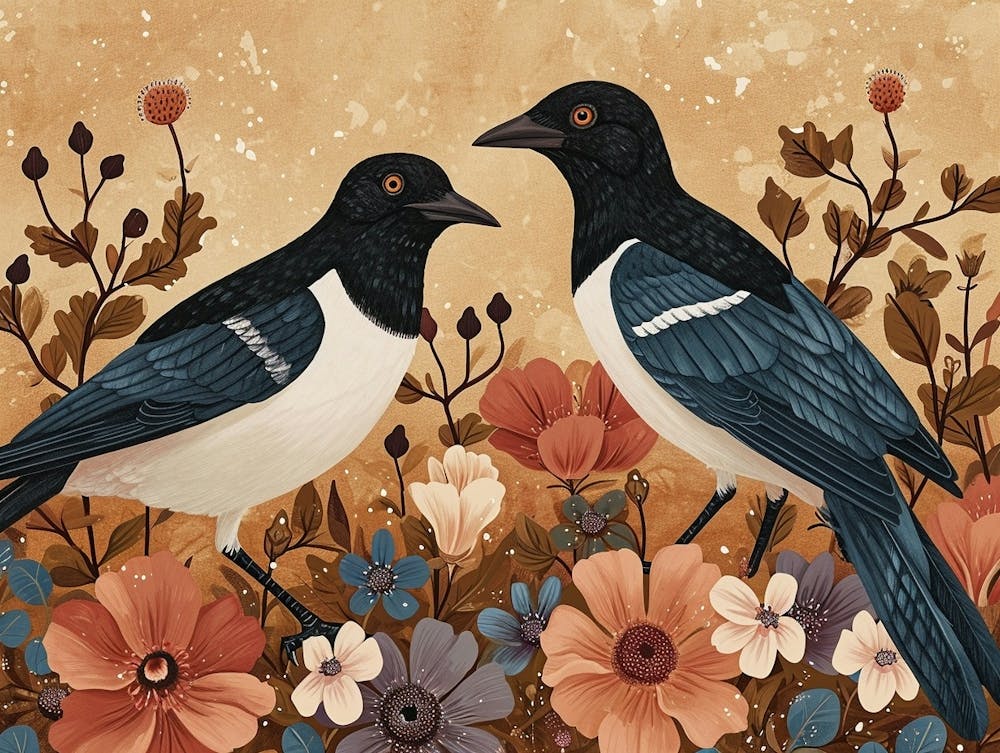 Floral Animal Illustration Magpie 2
