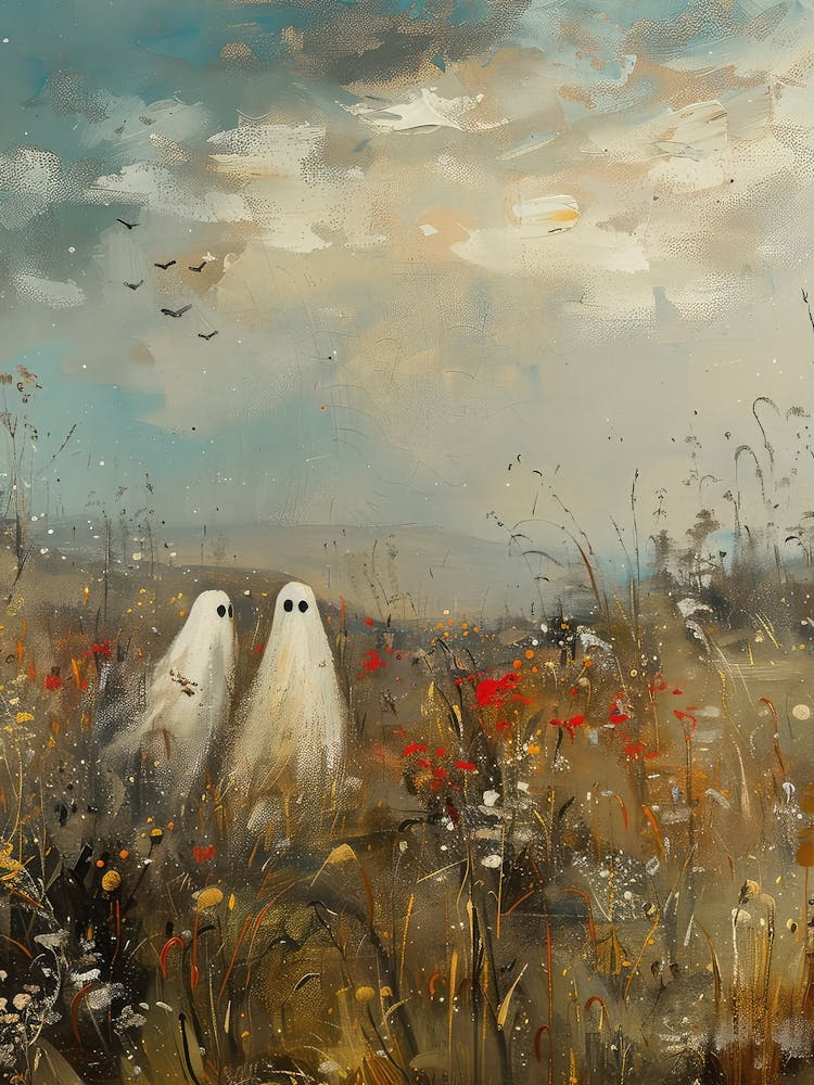 Cute Halloween Ghosts In Wildflower Field