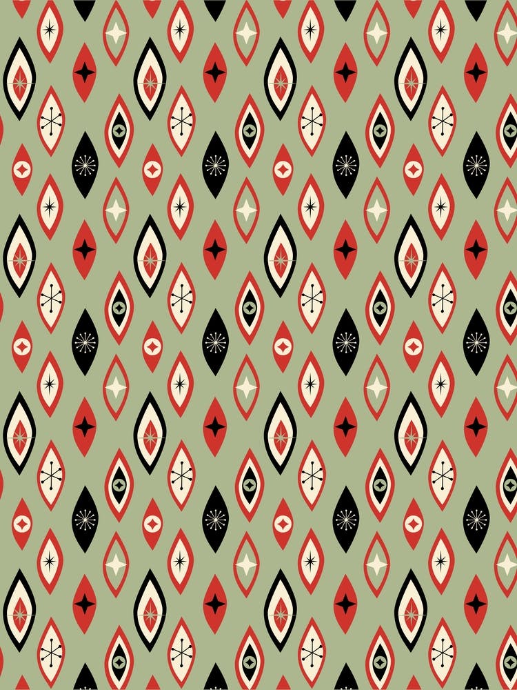 Atomic Age MCM Abstract Shapes And Stars Pattern Green, Red, Black