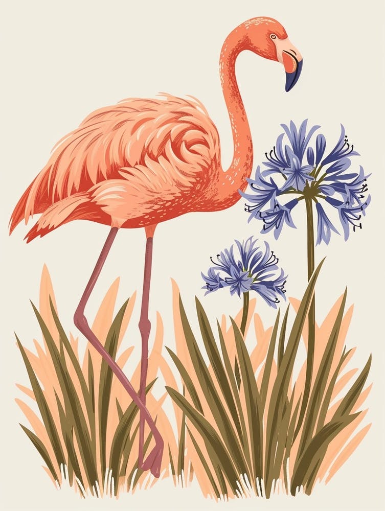 Lesser Flamingo And Agapanthus Minimalist Illustration 3