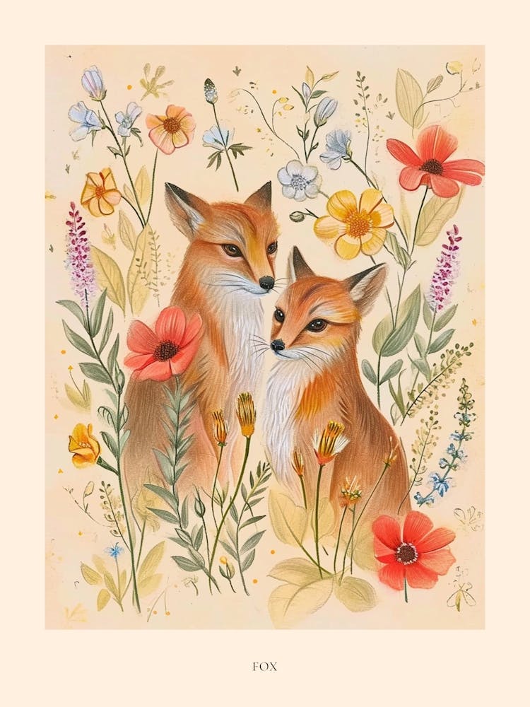 Folksy Floral Animal Drawing Fox 6 Poster