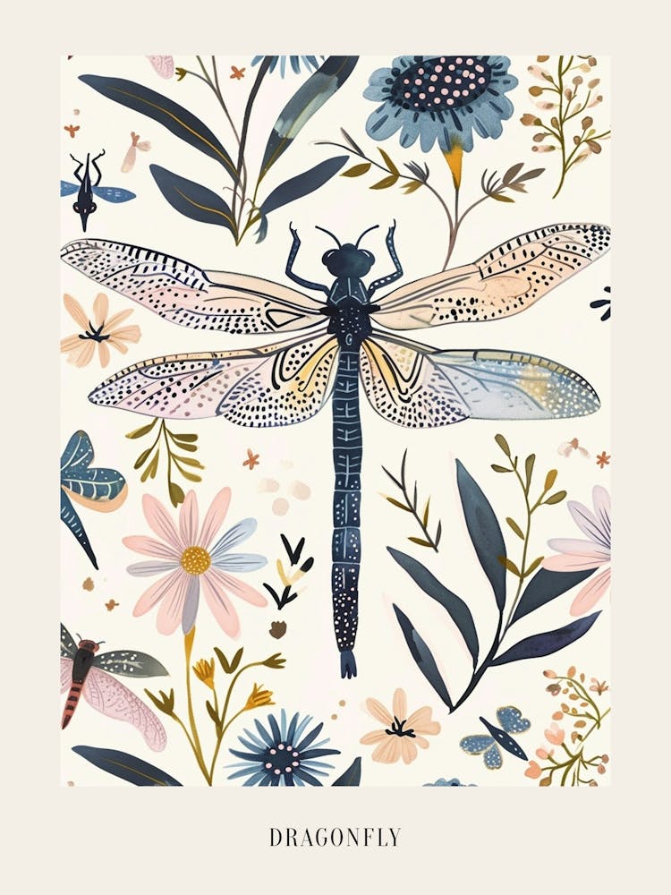 Colourful Insect Illustration Dragonfly 11 Poster