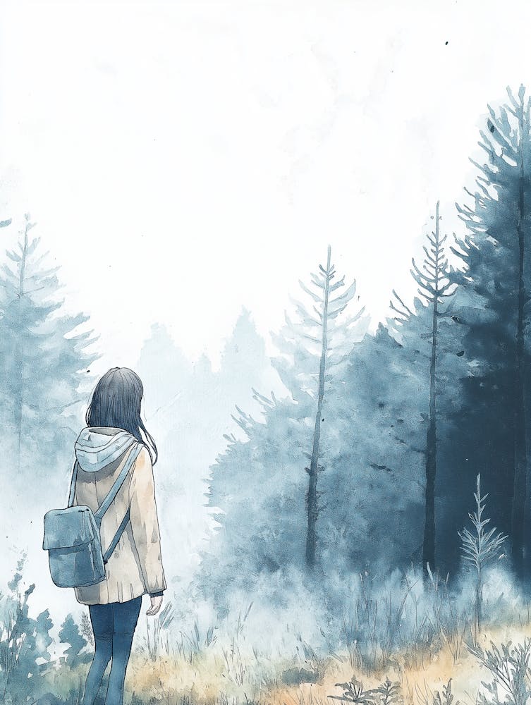 Watercolor Painting Of A Coniferous Forest On A Foggy Day, With Tall Trees And Muted Color