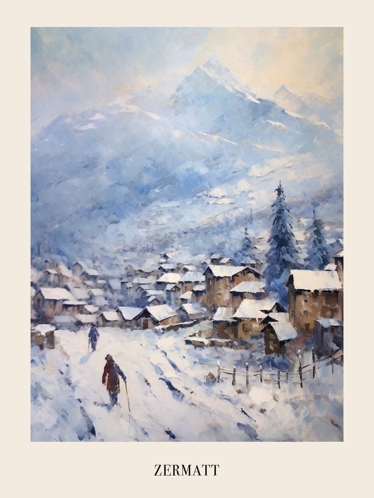 Vintage Winter Painting Poster Zermatt Switzerland 1