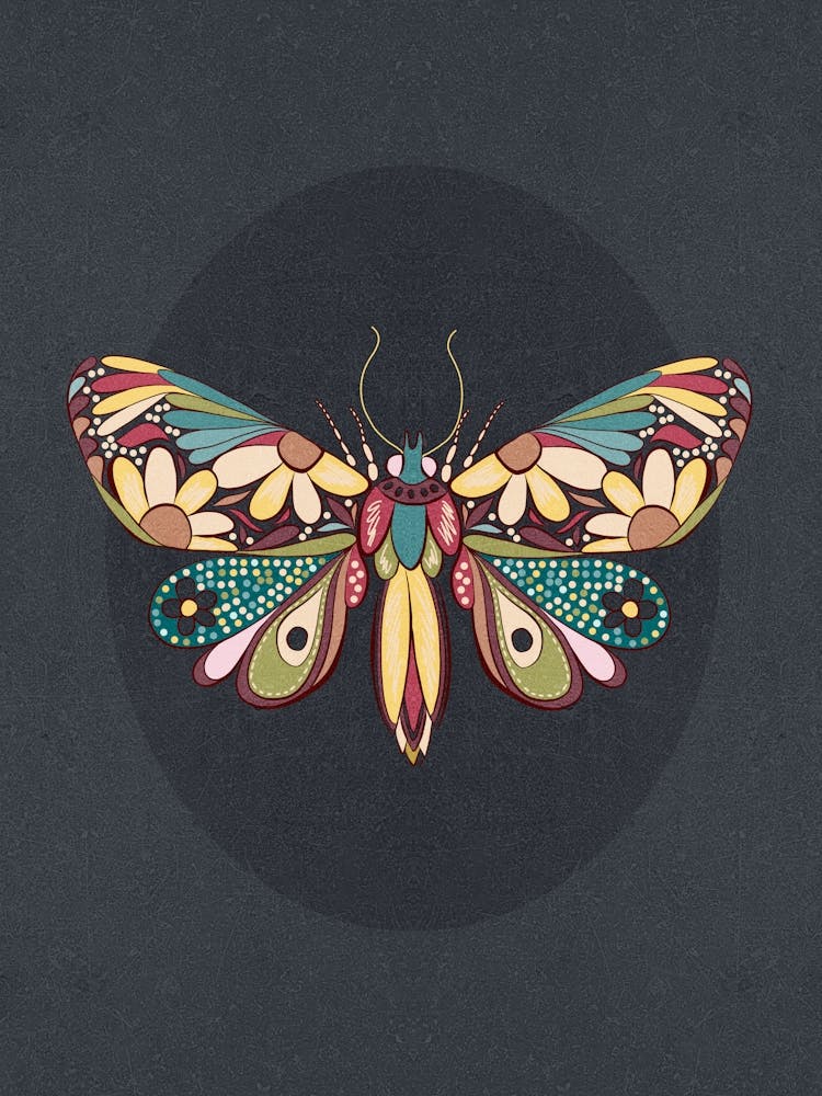 Floral Doodle Butterfly on black