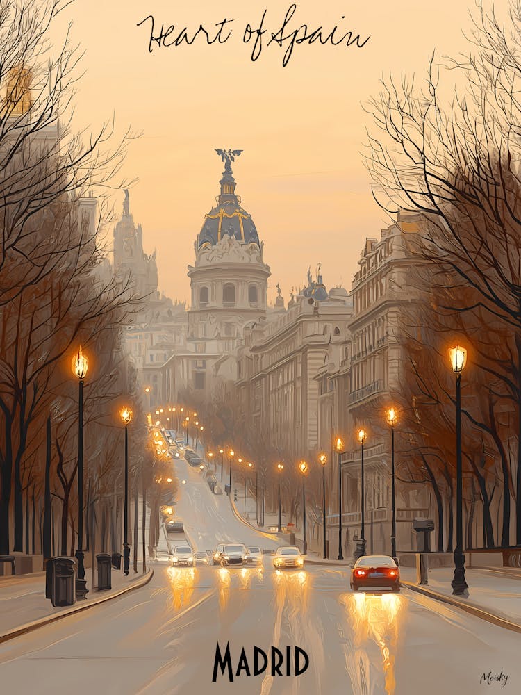 Heart Of Madrid, minimalist soft tones palette, watercolor poster