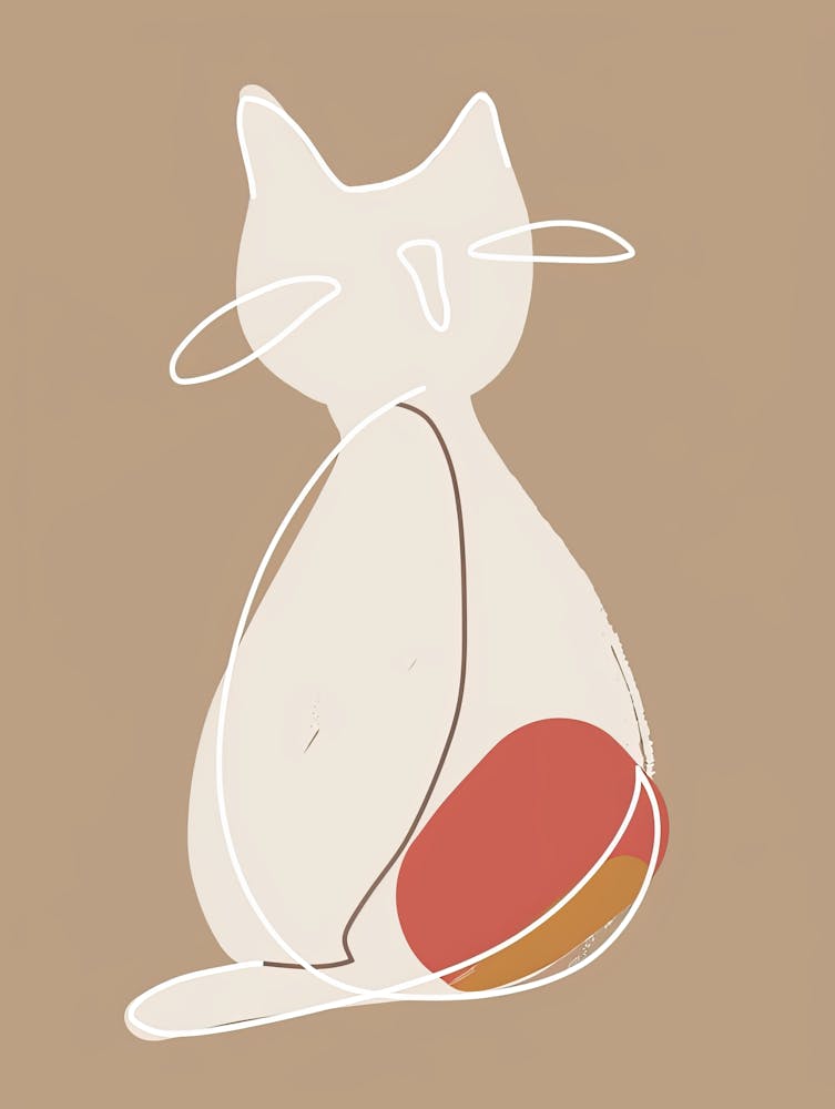 Katze auf einem Ball sitzend - Boho, Strichzeichnung