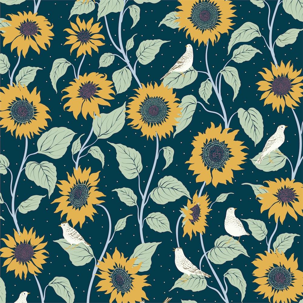 Skylarks in Sunflower Field on Prussian Blue