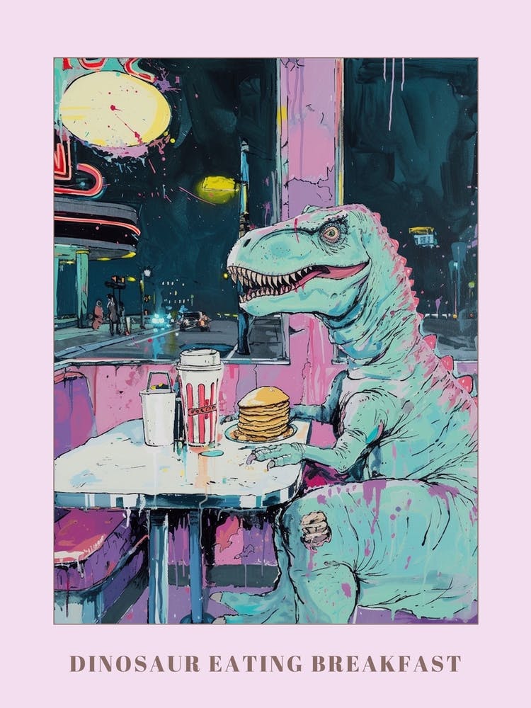 Abstract Dinosaur Eating Breakfast In A Cafe Pink Blue Purple 1 Poster