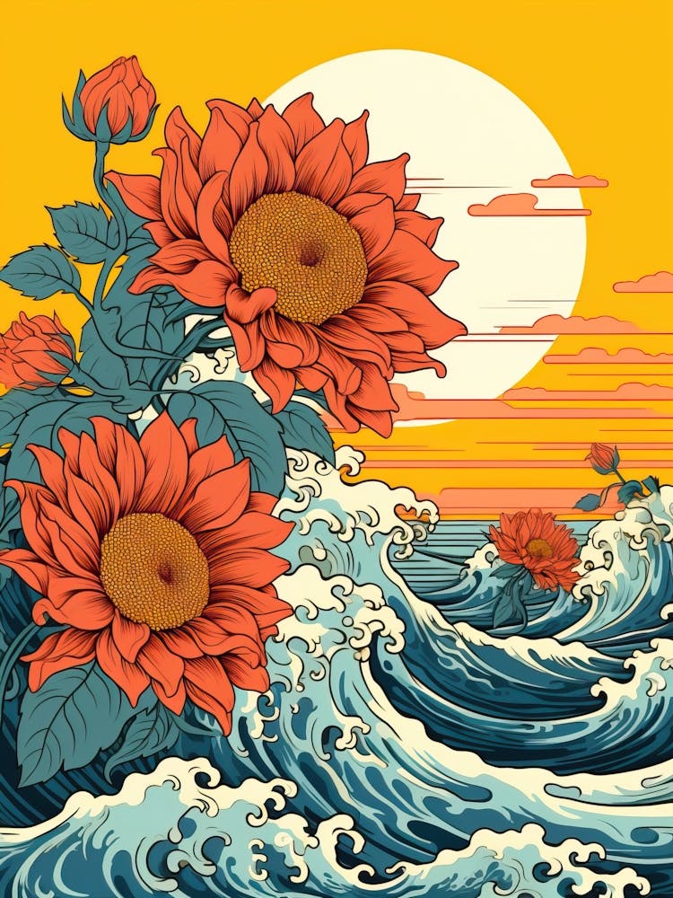 Große Welle mit Sonnenblumenzeichnung im Ukiyo-e-Stil 1