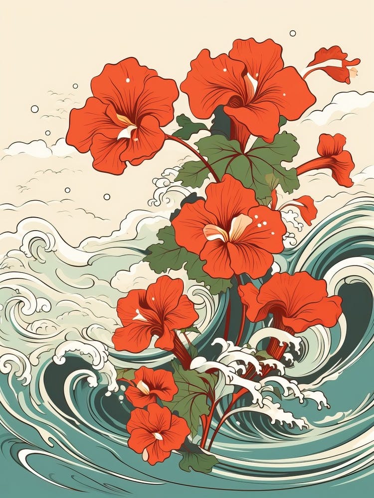 Great Wave With Nasturtium Flower Drawing In The Style Of Ukiyo E 3