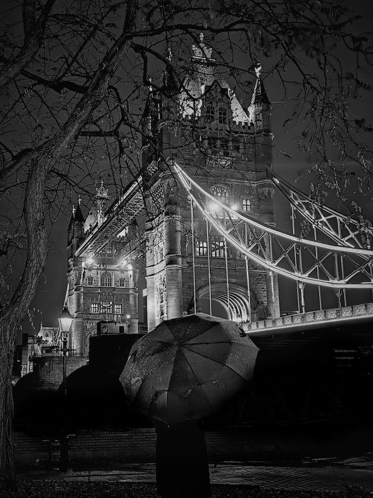 London Tower Bridge Rain Night Bw