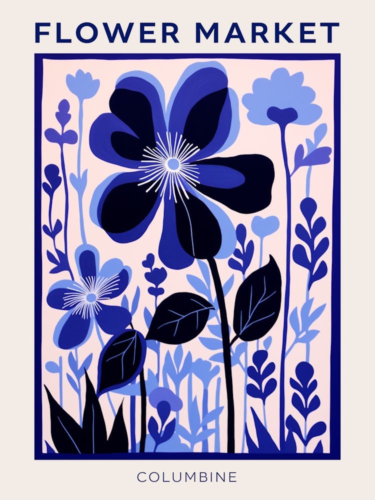 Blaues Blumenmarkt-Poster Akelei 1