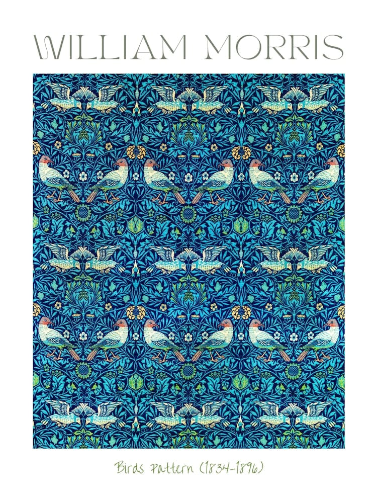 William Morris Birds Pattern HD Remastered Vibrant Labelled Poster Print Cotton Exhibition Perfect for a Feature Wall