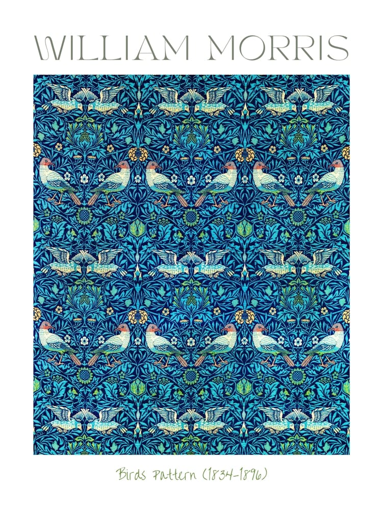 William Morris Birds Pattern HD Remastered Vibrant Labelled Poster Print Cotton Exhibition Perfect for a Feature Wall