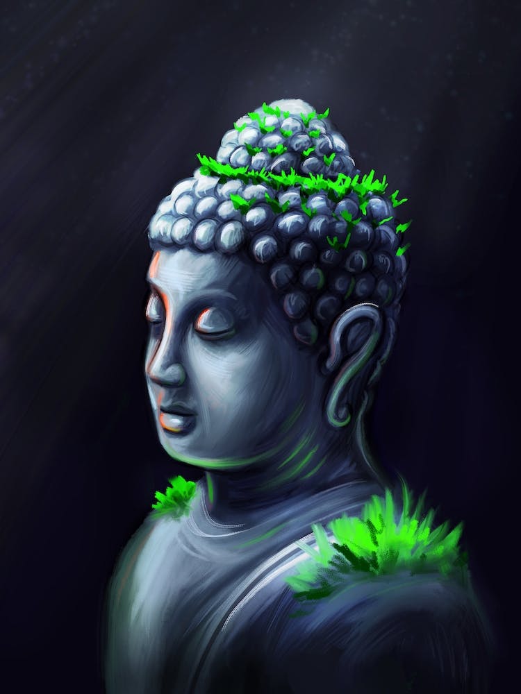 A Buddha statue. Under the water a Buddha statue on a dark background.