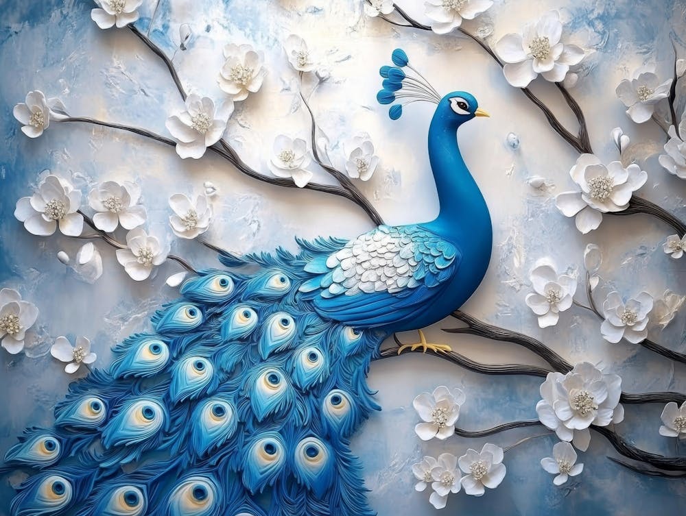 3d Background Blue Peacock on Branch with Flowers