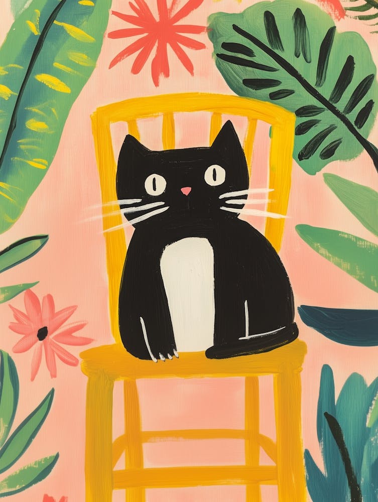 Black Cat on a Chair Gouache Painting