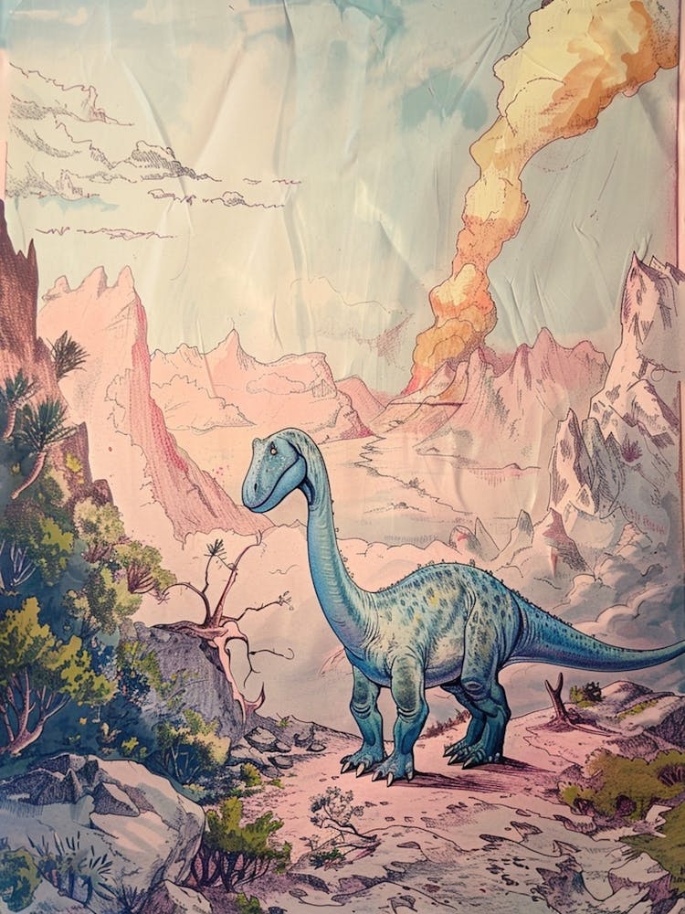 Dinosaur Watching The Volcano Storybook Painting