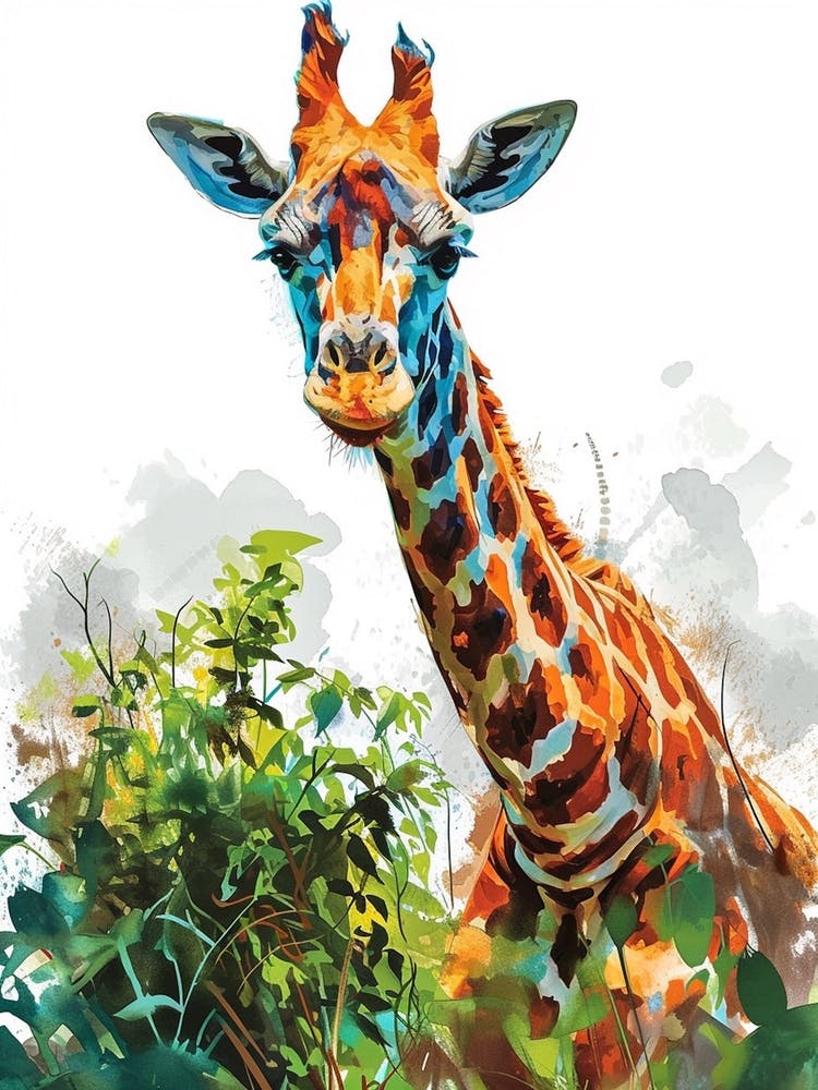 Giraffe In The Bushes Watercolour