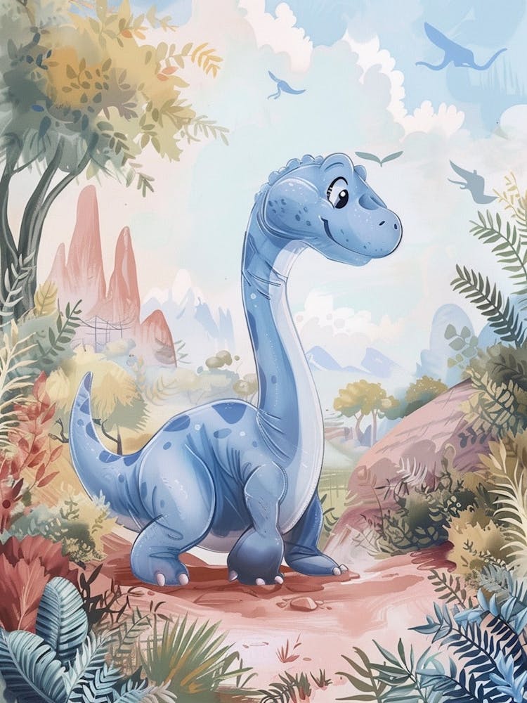 Blue Cute Dinosaur In A Rocky Landscape Storybook Style