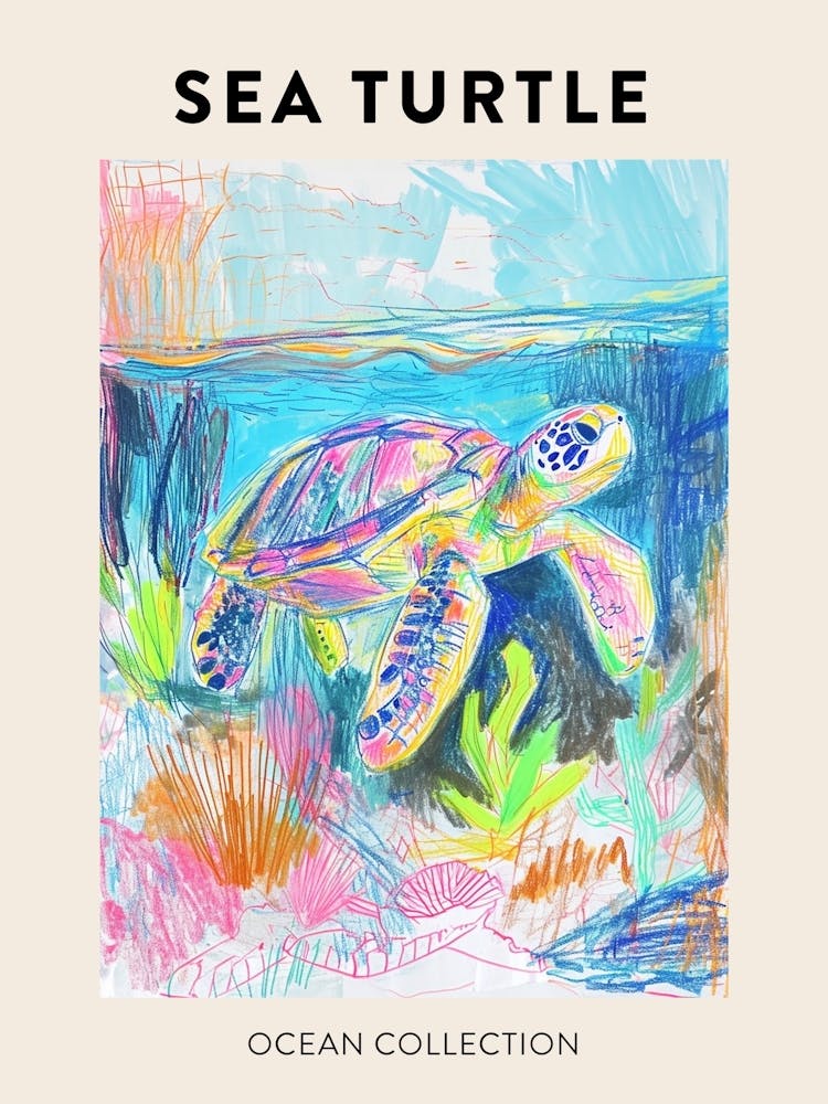 Colourful Sea Turtle Exploring Deep Into The Ocean Crayon Doodle Poster 3