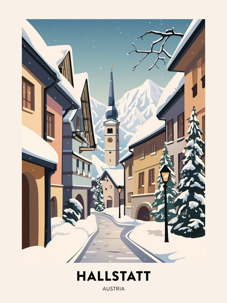 Vintage Winter Travel Poster Hallstatt Austria 4