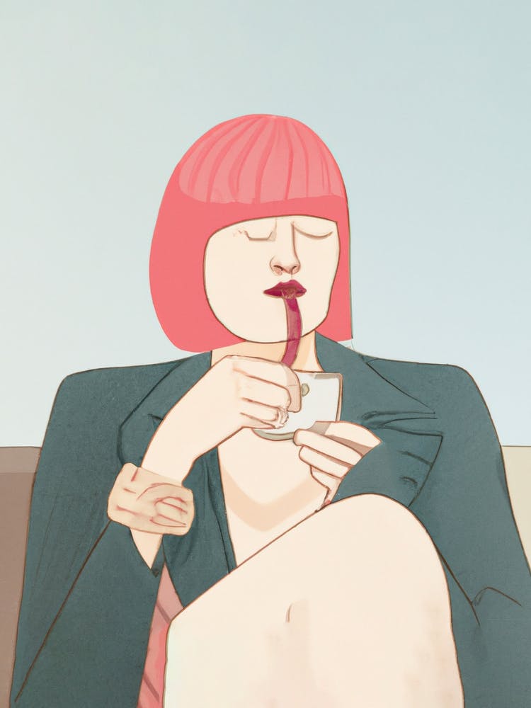 Woman Drinking Coffee Pink Hair