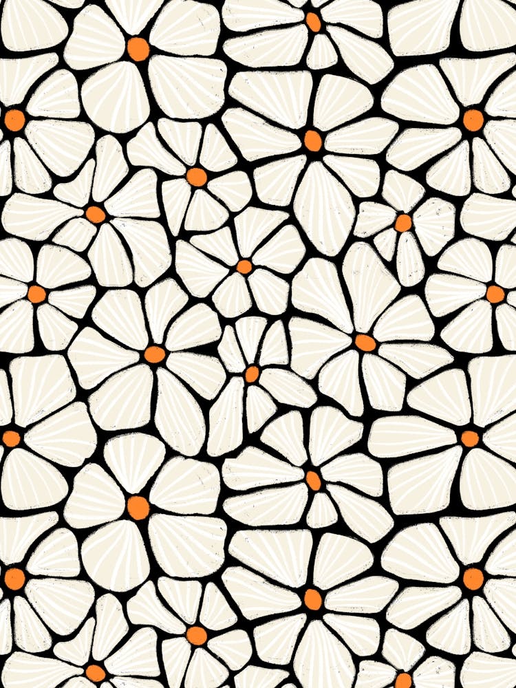 Flower Mosaic White Black Textured Hand Drawn