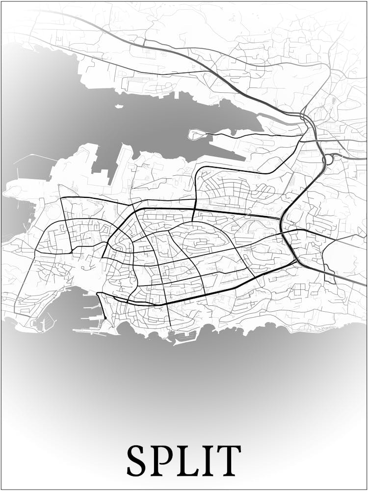 Split, Split Dalmatia, Croatia, City Map, Black And White Fade Design
