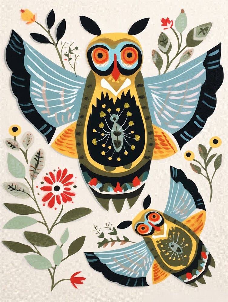 Folk Style Bird Painting Great Horned Owl 3