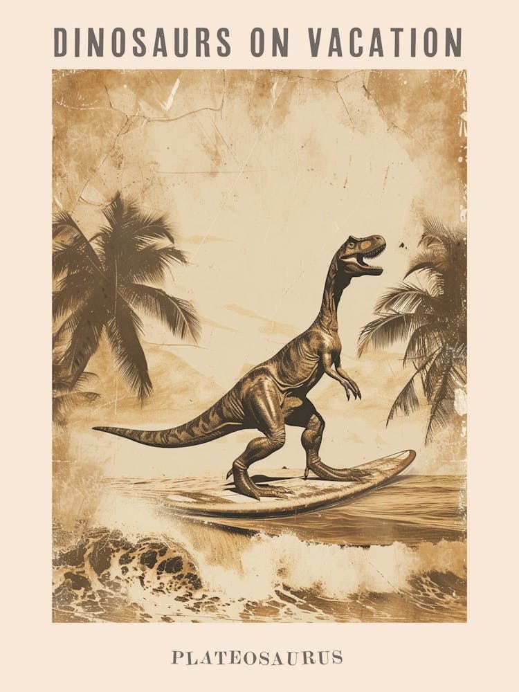 Dinosaure Plateosaurus Vintage Sur Une Planche de Surf 3 Affiche