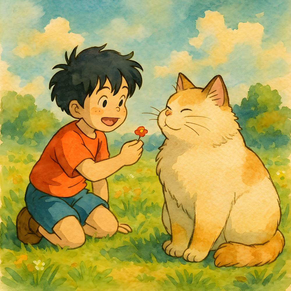 Ghibli-inspiriert Märchenhaft – Junge und Katze auf einer magischen Wiese, Gemütliche Aquarell-Illustration, Cottagecore Wanddekoration