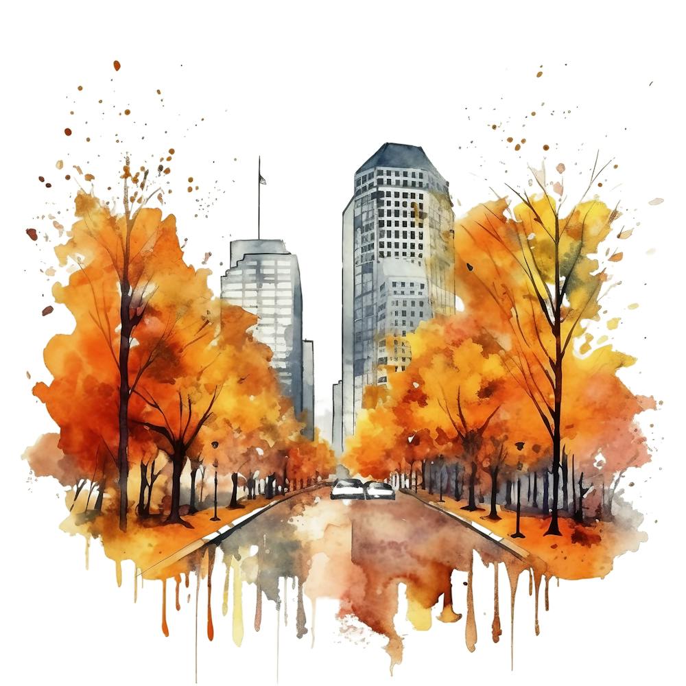 Autumn City Watercolor Painting