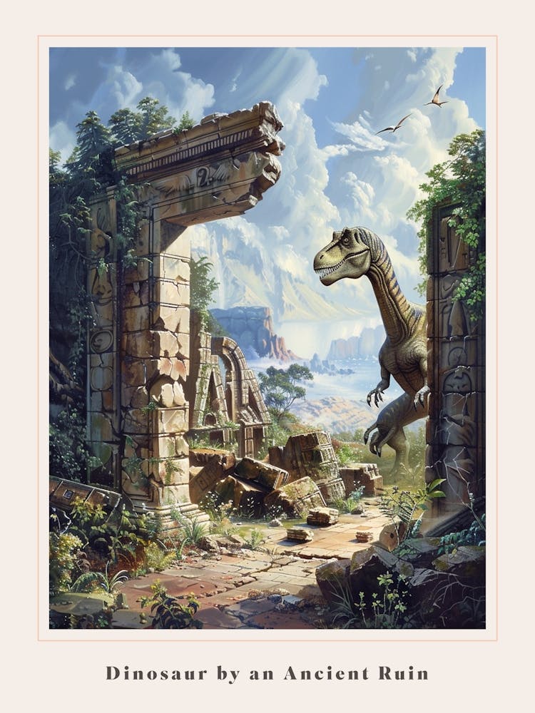 Dinosaur By An Ancient Ruin Painting 2 Poster