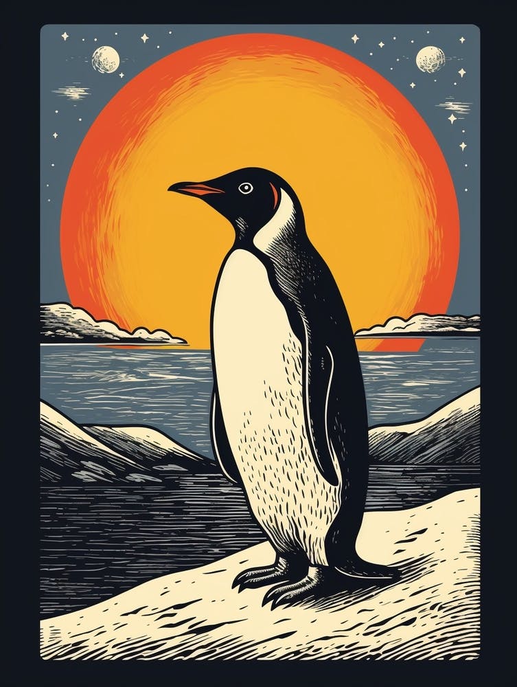 Vintage Bird Linocut Penguin 2