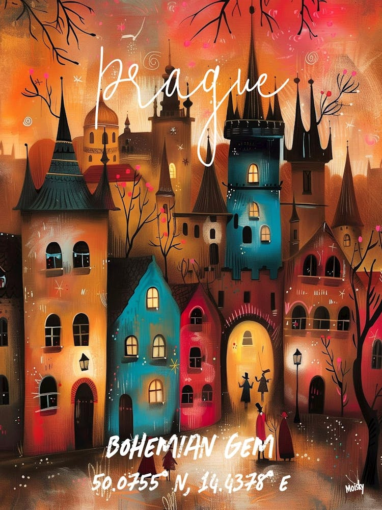 Prague, folk naive and whimsical poster
