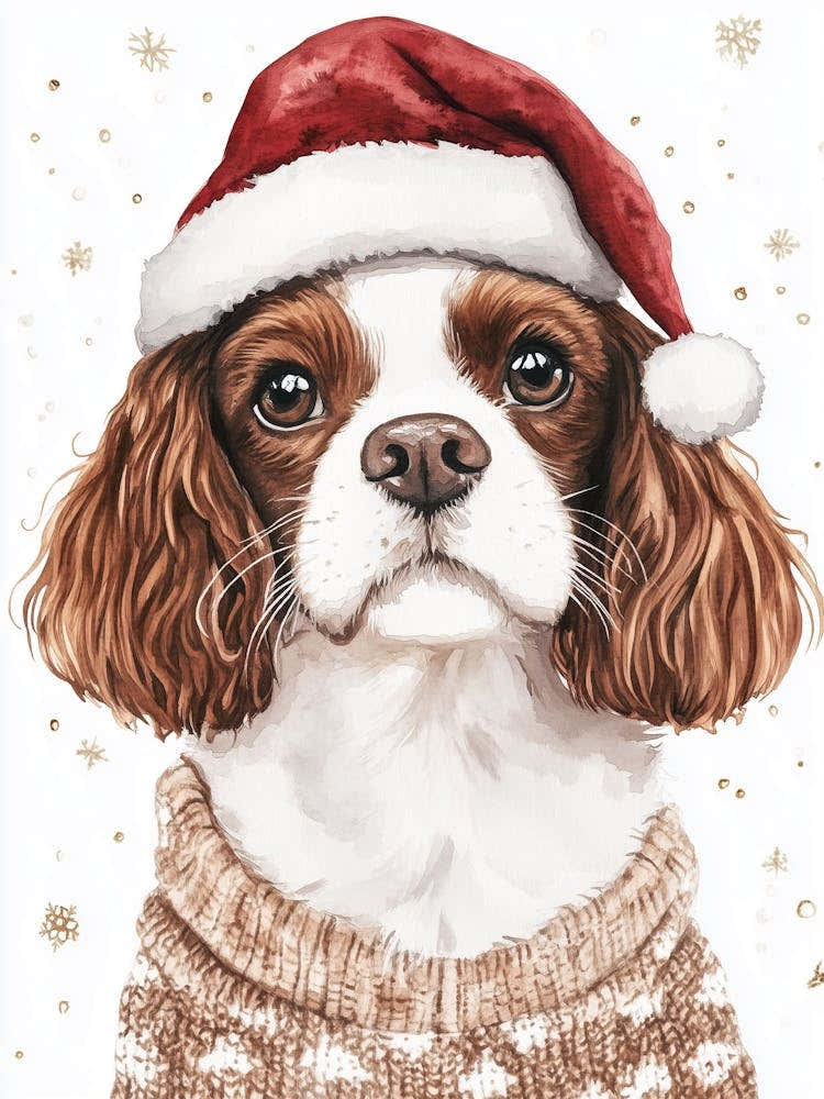 King Charles Cavalier In Christmas Jumper And Santa Hat Neutral
