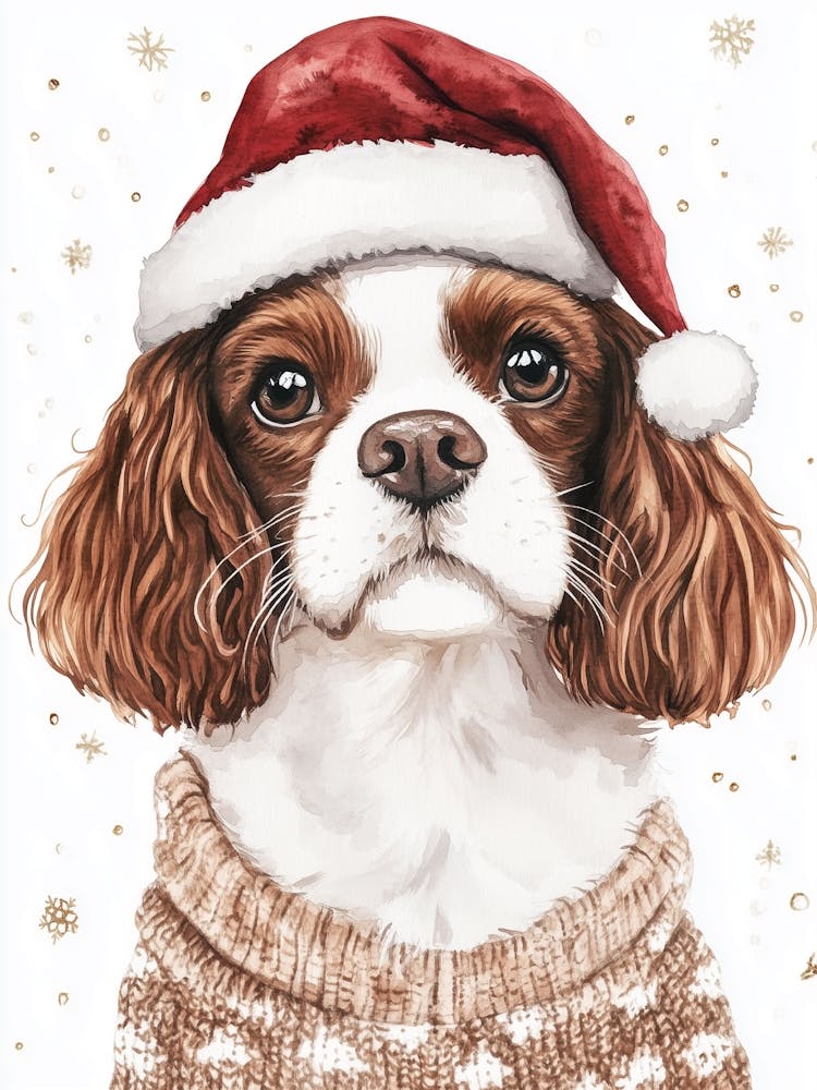 King Charles Cavalier In Christmas Jumper And Santa Hat Neutral