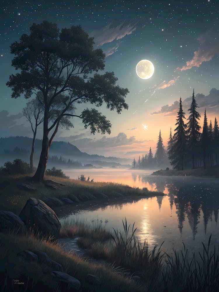 Oil Painting Style Serene Lakeside Night Moonlit Forest & Still Water