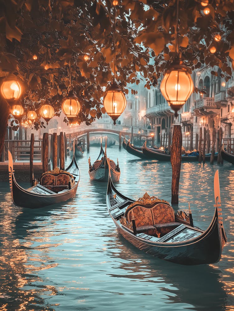 Grand Canal Landscape In Venice, With Lanterns Hanging From Trees