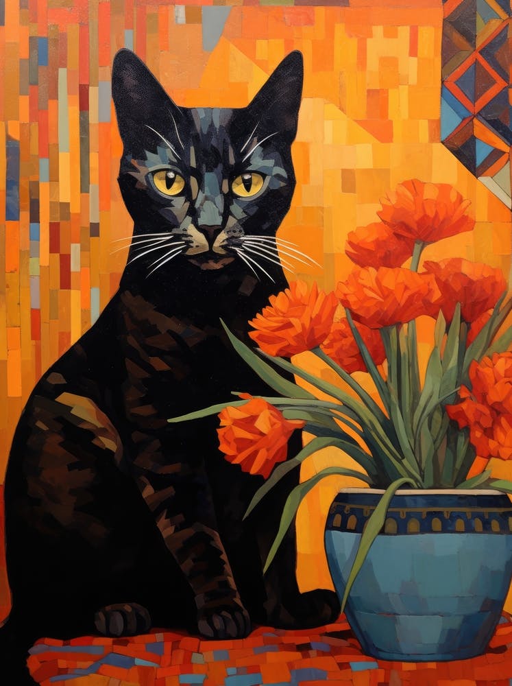 Black Cat With Orange Flowers
