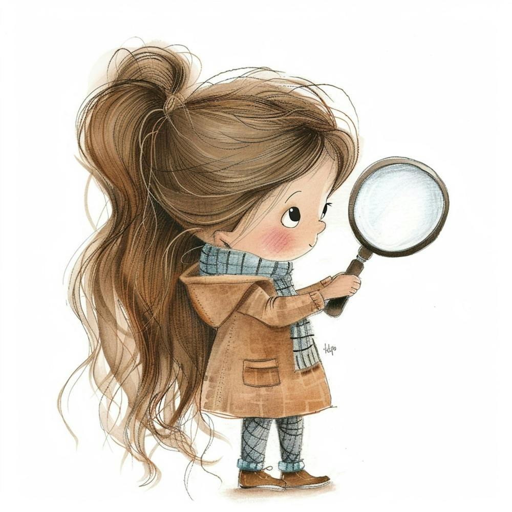 Delightful Sketchnote Of A Little Girl With Long Hair Holding A Magnifying Glass, A Little Explorer, Rosy Cheeks, Details, White Background, Full Body, Details, Kids Book Illustration